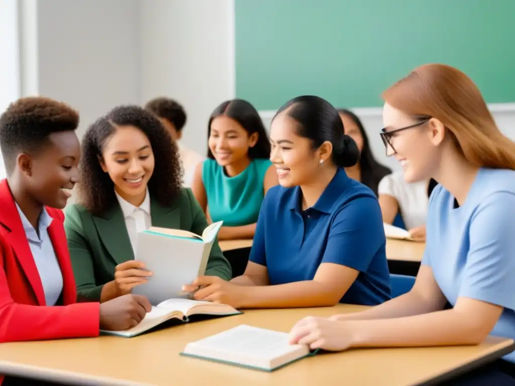 Intercambio lingüístico: diversidad y colaboración en aula moderna Un grupo diverso de estudiantes participa en un intercambio de idiomas en un aula moderna y luminosa