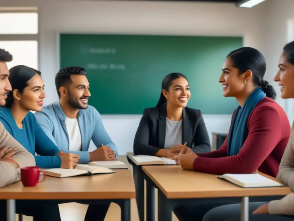 Grupo diverso de estudiantes en intercambio lingüístico en aula moderna de Uruguay