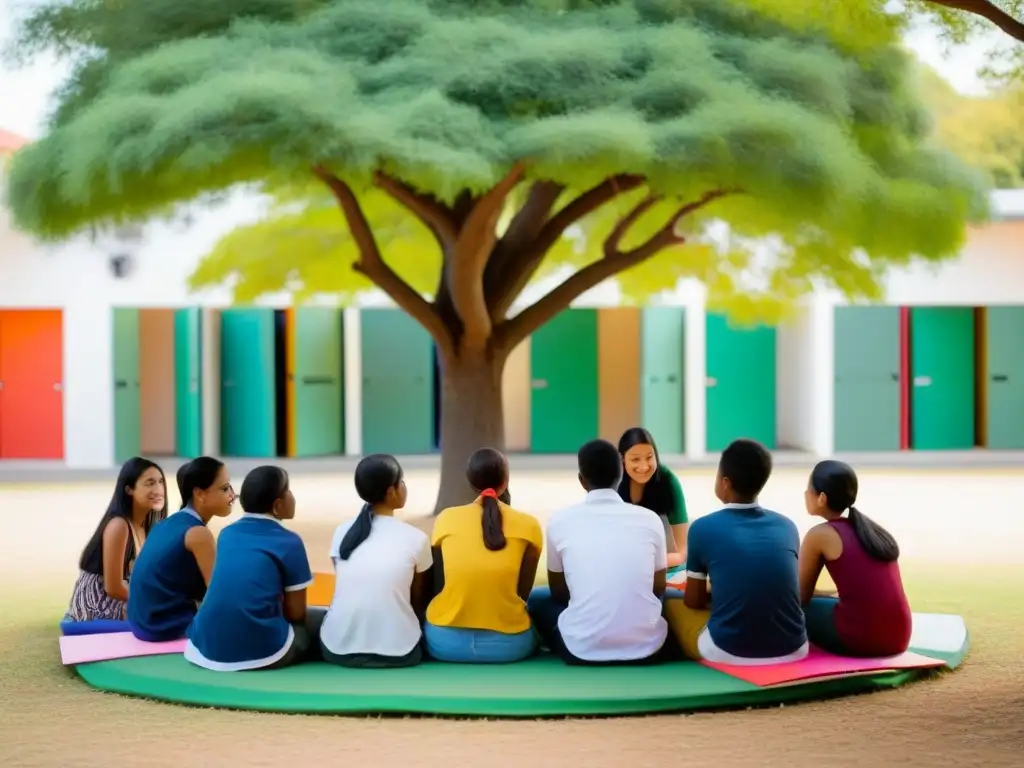 Grupo diverso de estudiantes en intercambio de idiomas bajo un árbol con libros de idiomas abiertos