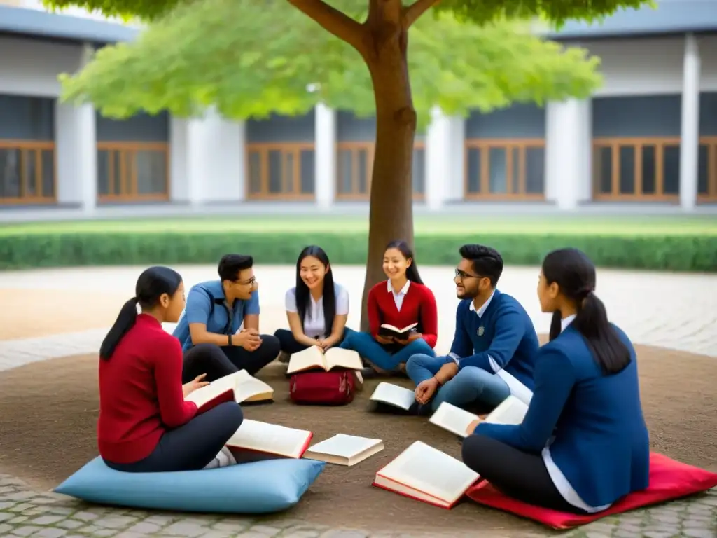 Grupo diverso de estudiantes participando en un intercambio de idiomas bajo un árbol en un patio escolar