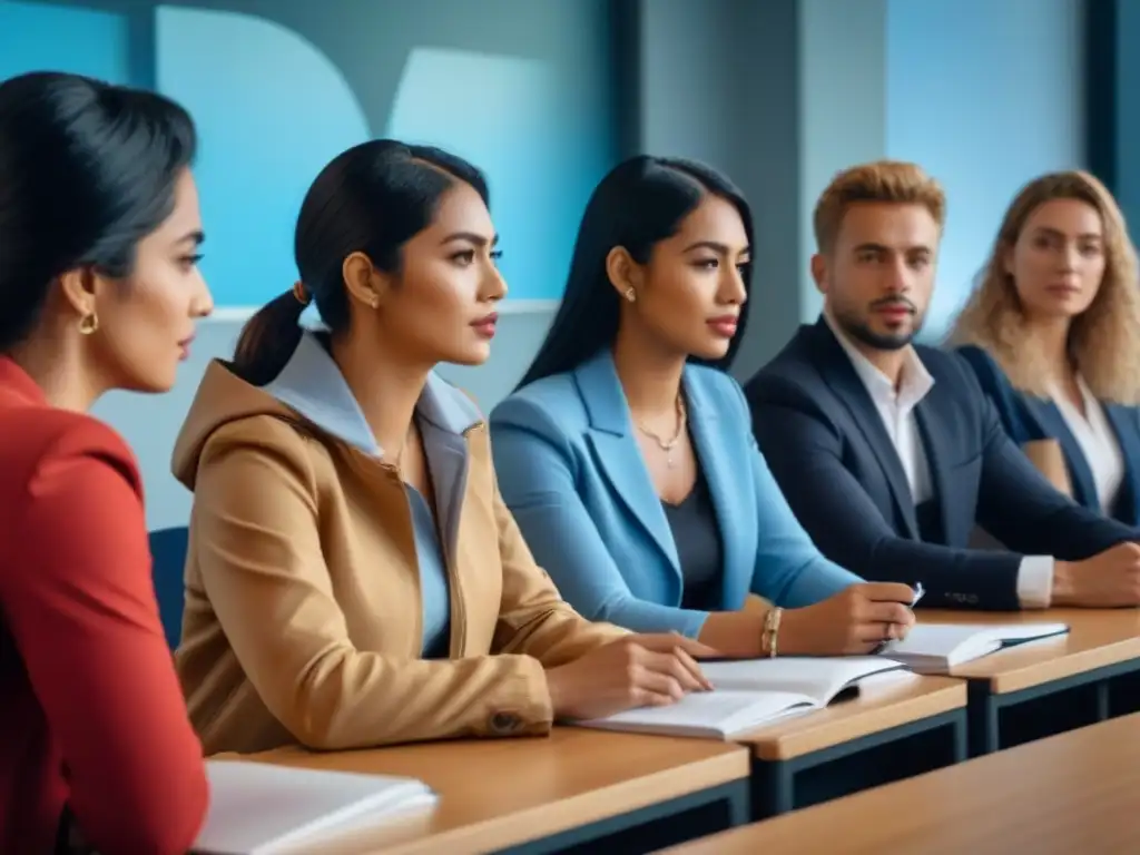 Grupo diverso de estudiantes internacionales estudian juntos en un aula moderna de Uruguay, viviendo la experiencia de Estudiar MBA en Uruguay