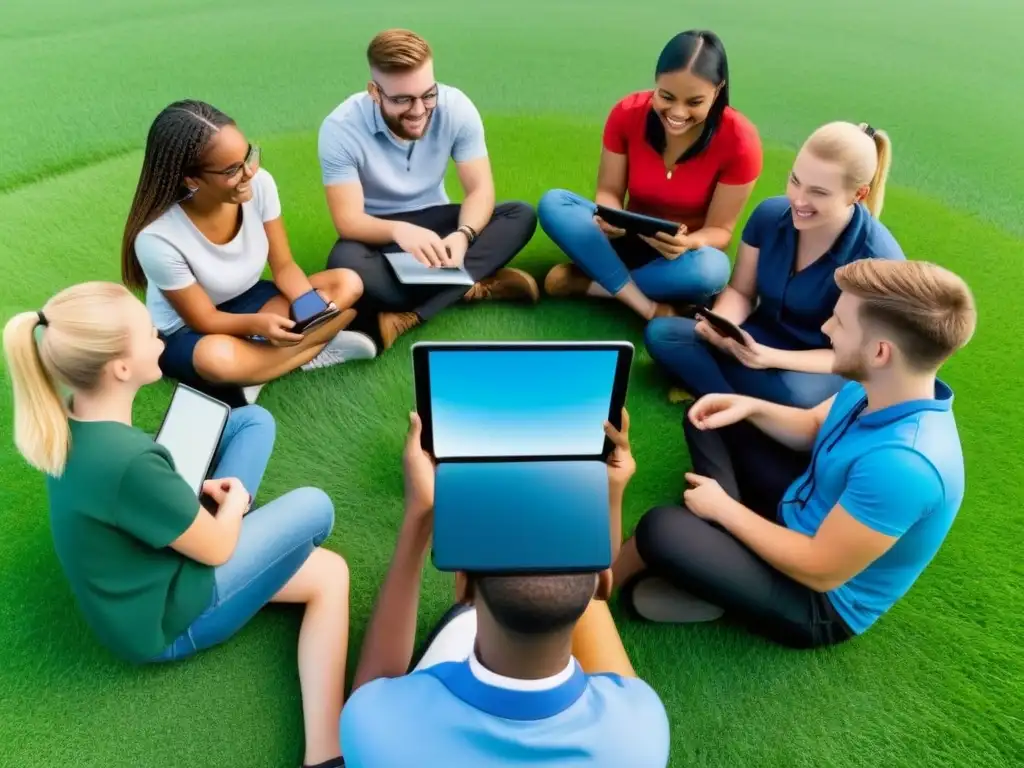 Grupo diverso de estudiantes disfrutando juegos educativos en un campo, demostrando la prevención del bullying en Uruguay