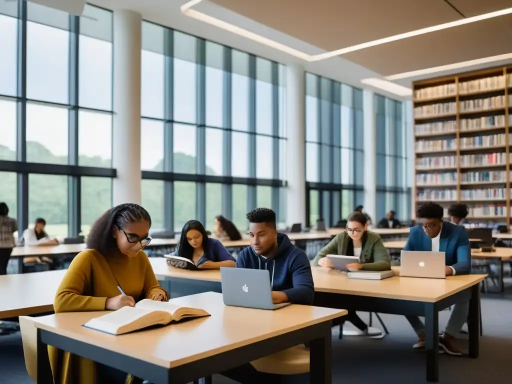 Un grupo diverso de estudiantes estudia juntos en una biblioteca universitaria moderna, fomentando la inclusividad y colaboración