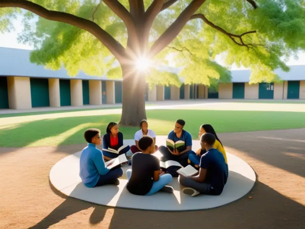 Un grupo diverso de estudiantes lee juntos bajo un árbol, simbolizando la inclusión en las políticas educativas en Uruguay