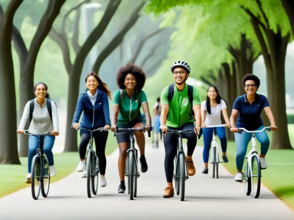 Un grupo diverso de estudiantes pedaleando juntos en bicicleta por un sendero arbolado, promoviendo el transporte verde en comunidades educativas