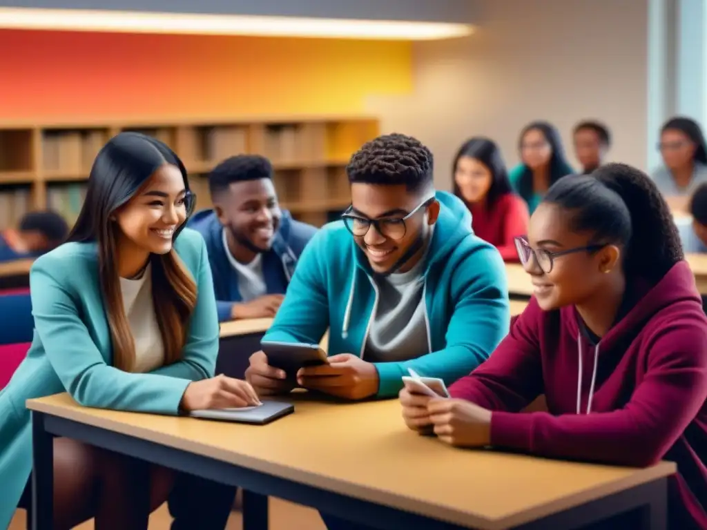 Un grupo diverso de estudiantes se divierte aprendiendo juntos en un entorno gamificado lleno de colores vibrantes