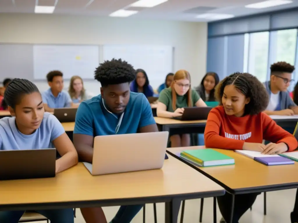 Grupo diverso de estudiantes trabajando juntos en un aula, inmersos en Aprendizaje Basado en Proyectos Uruguay