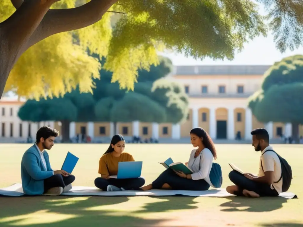 Un grupo diverso de estudiantes estudia juntos bajo un árbol en un campus universitario en Uruguay