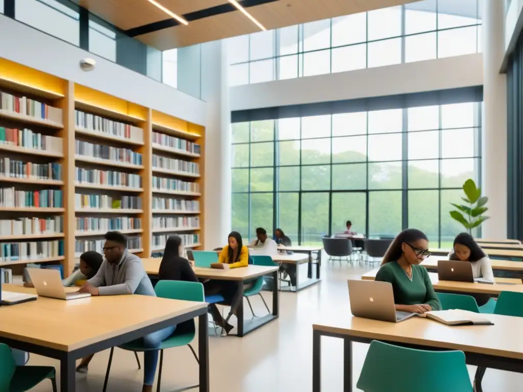 Grupo diverso de estudiantes estudian juntos en biblioteca moderna