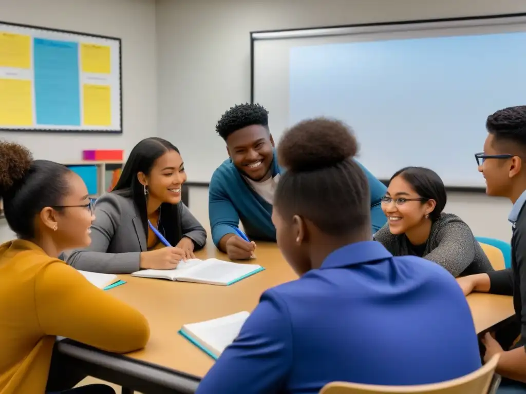 Grupo diverso de estudiantes colaborando juntos en aula