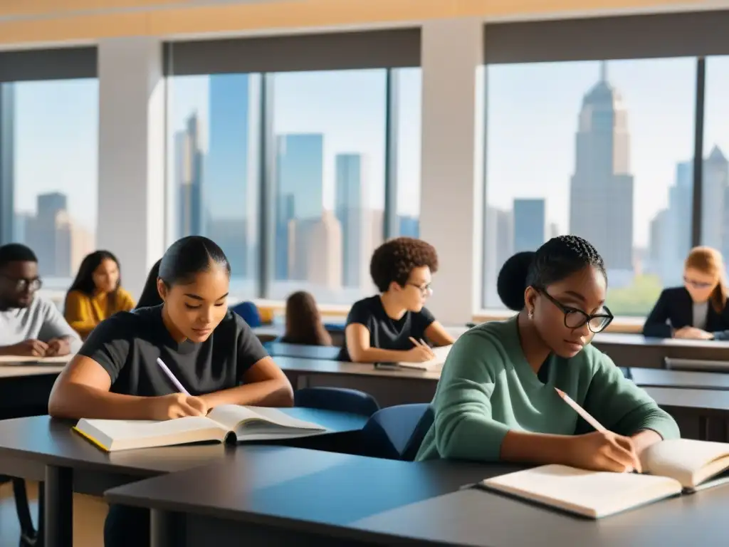 Un grupo diverso de estudiantes se enfoca en estudiar juntos en un aula moderna con vista a la ciudad