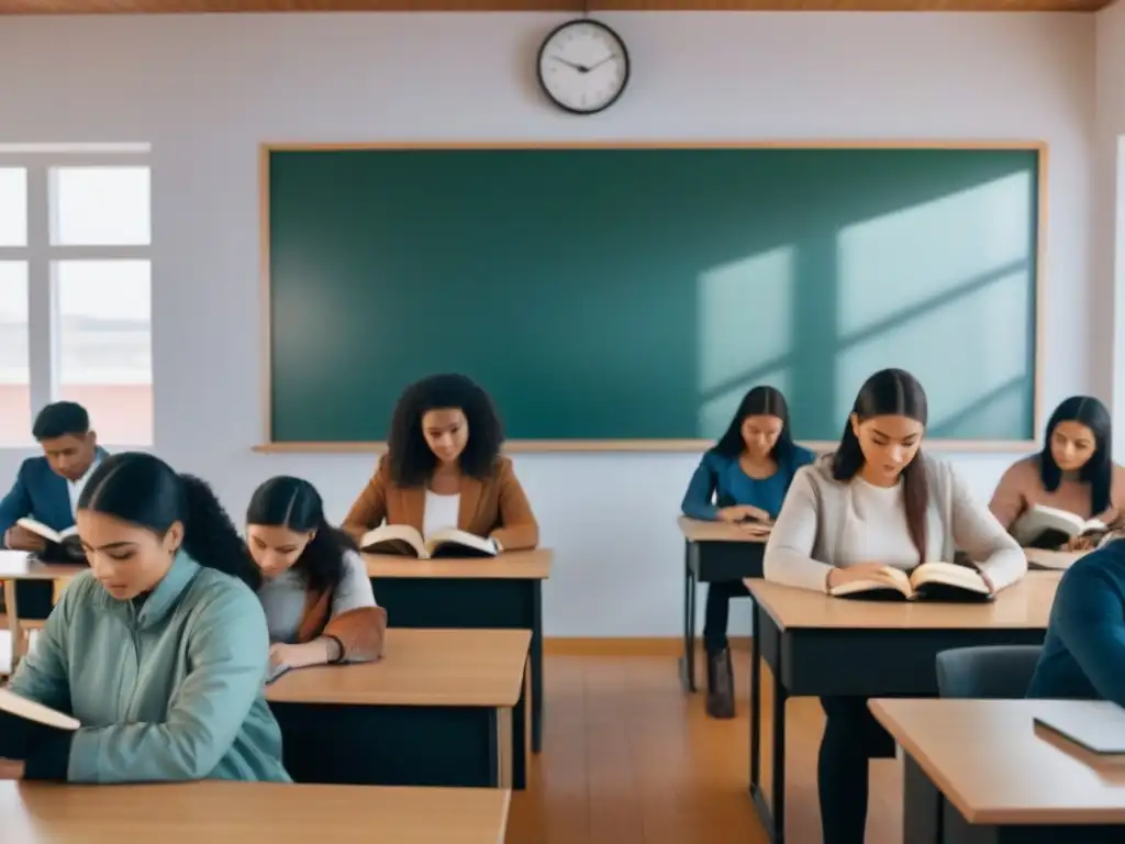 Grupo diverso de estudiantes estudian juntos en aula moderna en Uruguay, destacando la inclusividad y el financiamiento educación inclusiva Uruguay