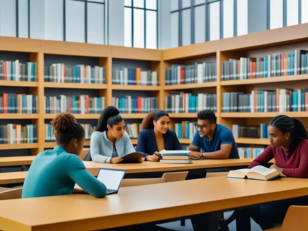 Grupo diverso de estudiantes estudian juntos en biblioteca universitaria moderna en Uruguay