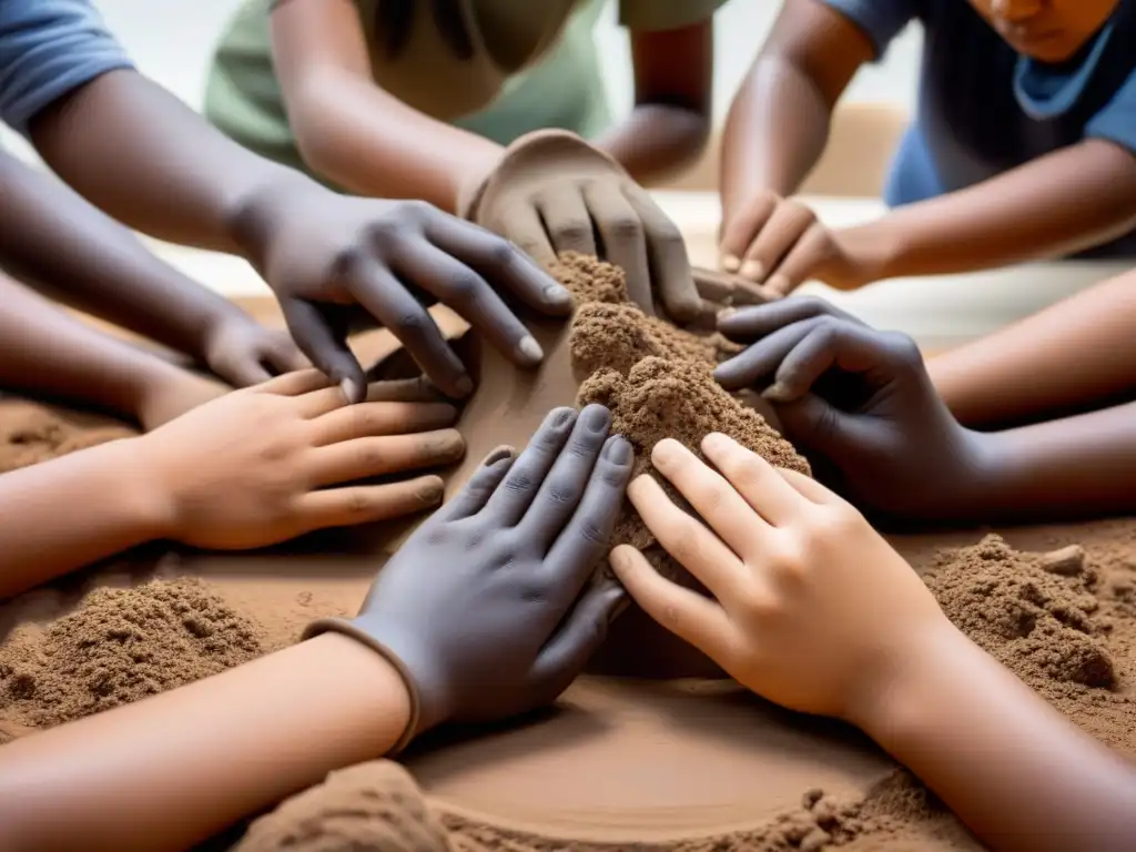 Grupo diverso de estudiantes esculpiendo juntos, destacando la Importancia de la escultura educativa