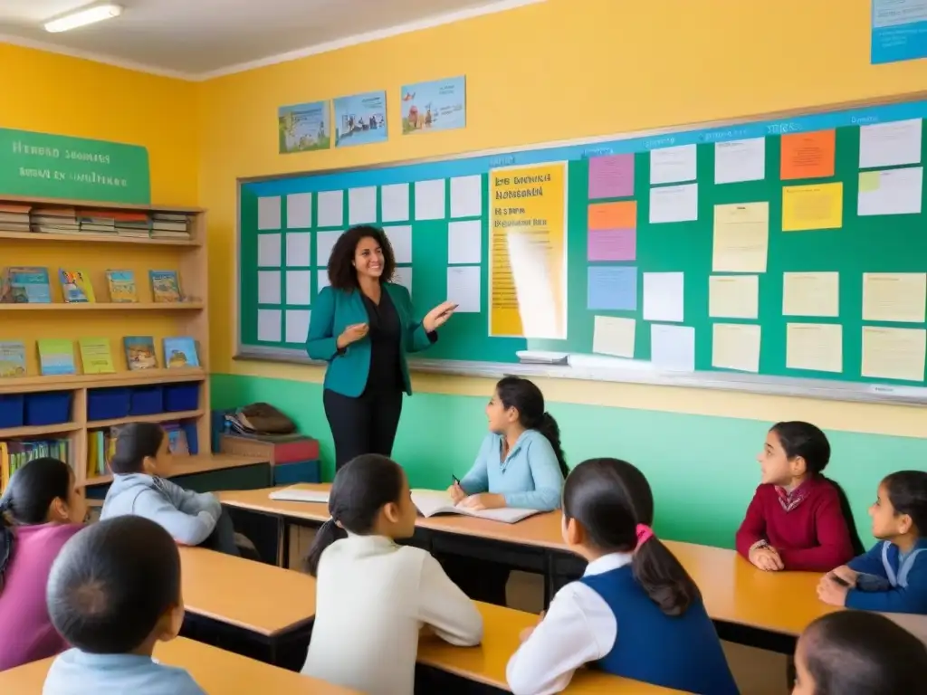 Grupo diverso de estudiantes participando en una lección bilingüe inclusiva en un aula en Uruguay