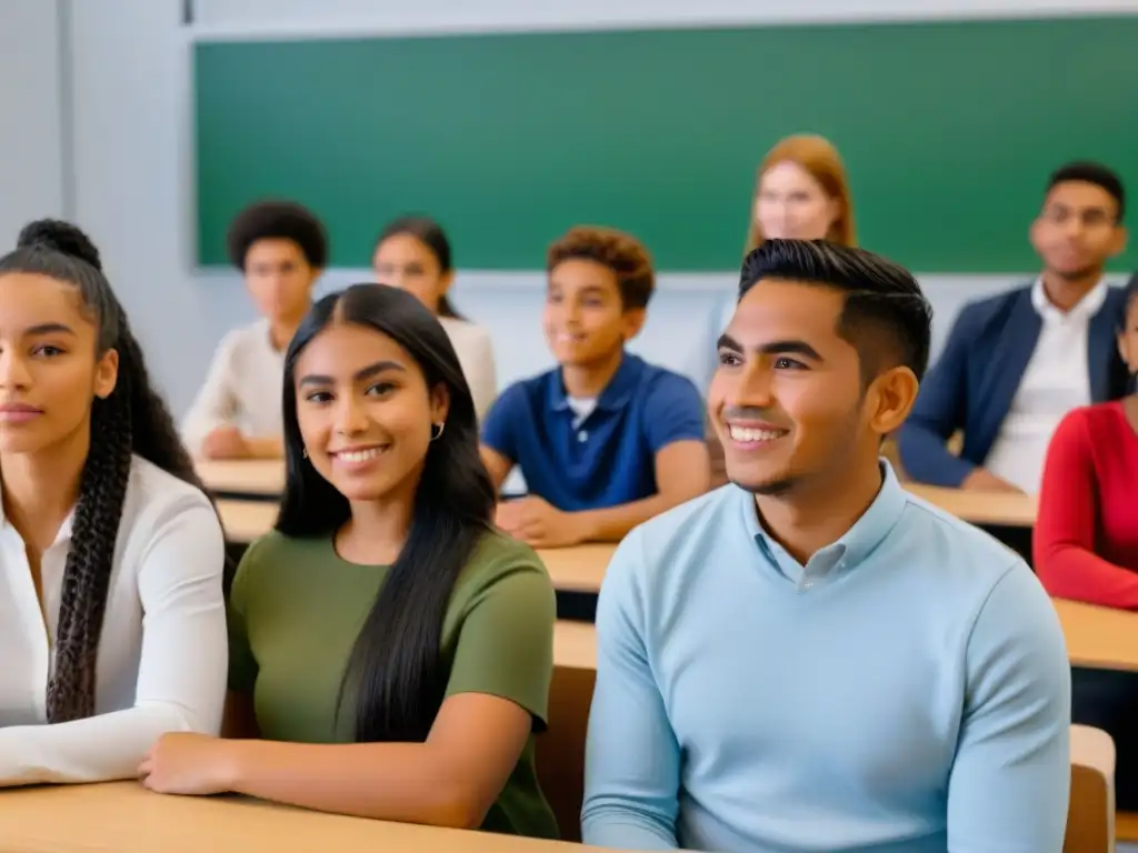 Grupo diverso de estudiantes participando en lección bilingüe, reflejando unidad y diversidad en ambiente educativo