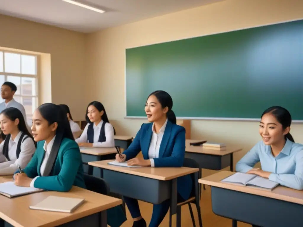 Diversidad en aula: lección bilingüe para jóvenes entusiastas Un grupo diverso de estudiantes se involucra en una lección bilingüe en un aula moderna