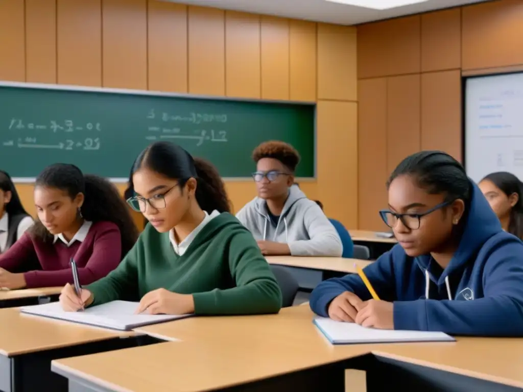 Grupo diverso de estudiantes compitiendo en matemáticas y ciencias en un aula moderna de Uruguay