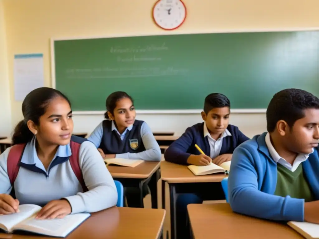 Grupo diverso de estudiantes migrantes aprendiendo juntos en un aula moderna en Uruguay