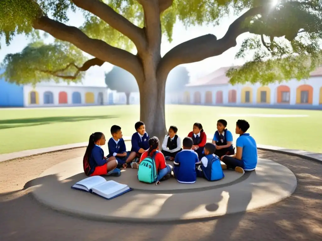 Un grupo diverso de estudiantes, incluyendo niños con distintas habilidades, unidos bajo un árbol en un ambiente escolar inclusivo en Uruguay