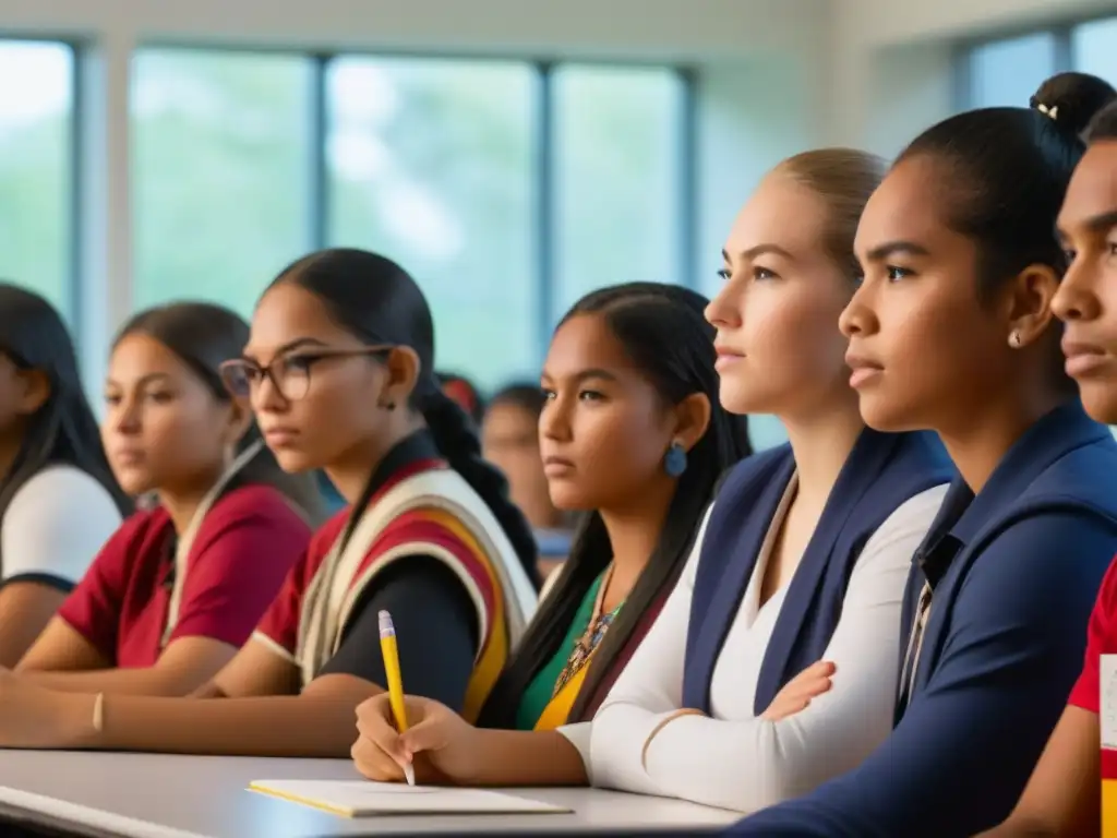 Grupo diverso de estudiantes de distintos orígenes indígenas en vibrante discusión en aula