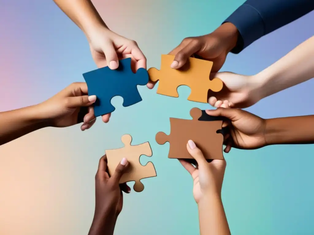 Imagen inspiradora de estudiantes unidos contra el bullying Grupo diverso de estudiantes uniendo piezas de rompecabezas, simbolizando solidaridad y prevención acoso escolar con perspectiva de género