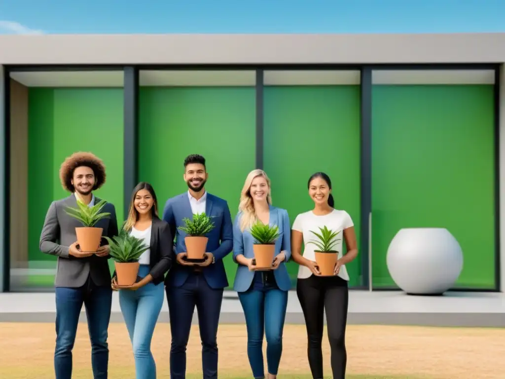Estudiantes sosteniendo plantas frente a oficina startup en Uruguay Grupo diverso de estudiantes con plantas frente a oficina de startup educativa en Uruguay