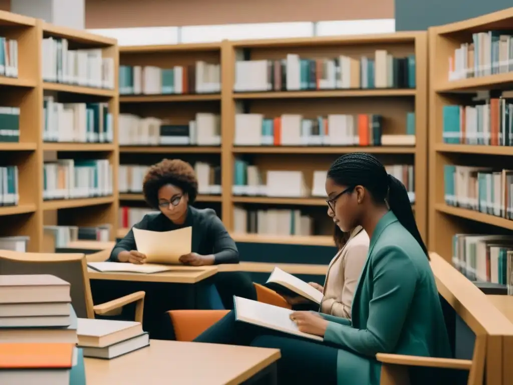 Grupo diverso de estudiantes de posgrado estudian juntos en biblioteca moderna, rodeados de libros académicos