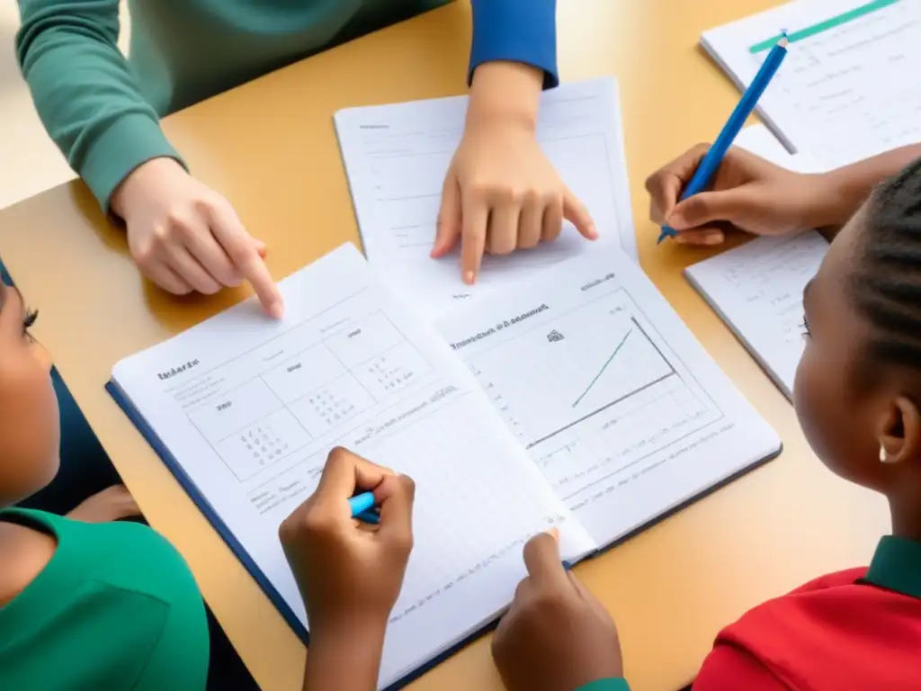 Grupo diverso de estudiantes resolviendo problemas matemáticos juntos con materiales didácticos innovadores en un aula moderna y luminosa