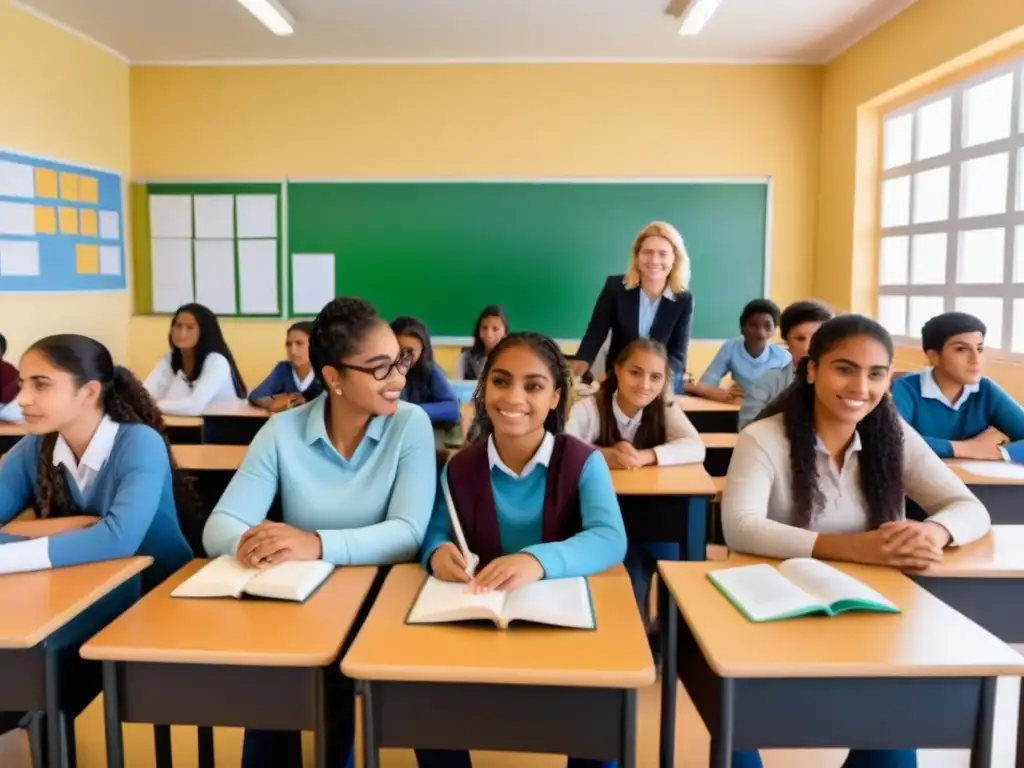 Grupo diverso de estudiantes y profesor en aula uruguaya promoviendo la equidad de género