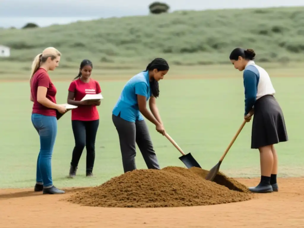 Un grupo diverso de estudiantes y profesores colaborando en proyectos de aprendizaje servicio en Uruguay, reflejando unidad y participación activa