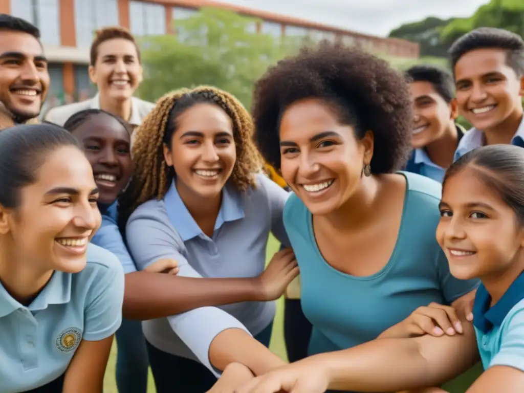 Un grupo diverso de estudiantes y profesores de Uruguay colaborando en un proyecto comunitario, mostrando resiliencia en la educación uruguaya