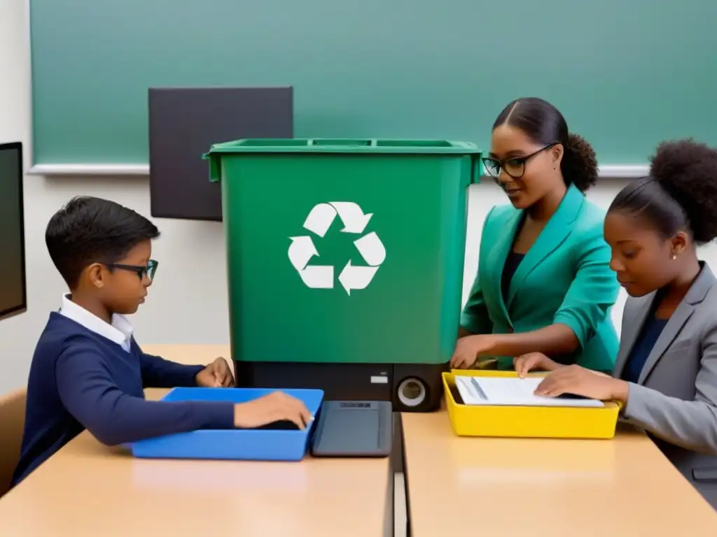 Un grupo diverso de estudiantes y profesores reciclan residuos electrónicos juntos en un aula moderna