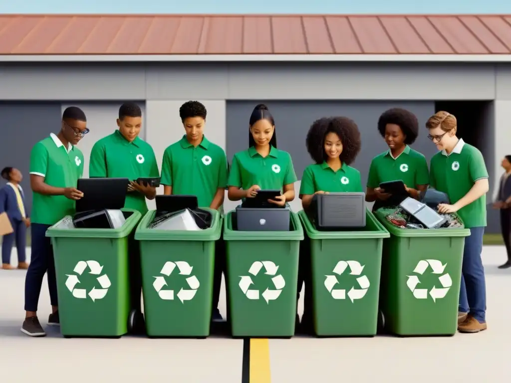 Un grupo diverso de estudiantes y profesores colaborando en el reciclaje de residuos electrónicos en un ambiente escolar