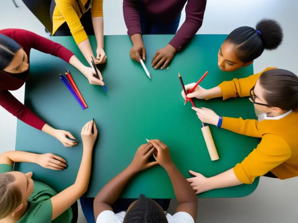 Grupo diverso de estudiantes colaborando en proyecto artístico en aula moderna