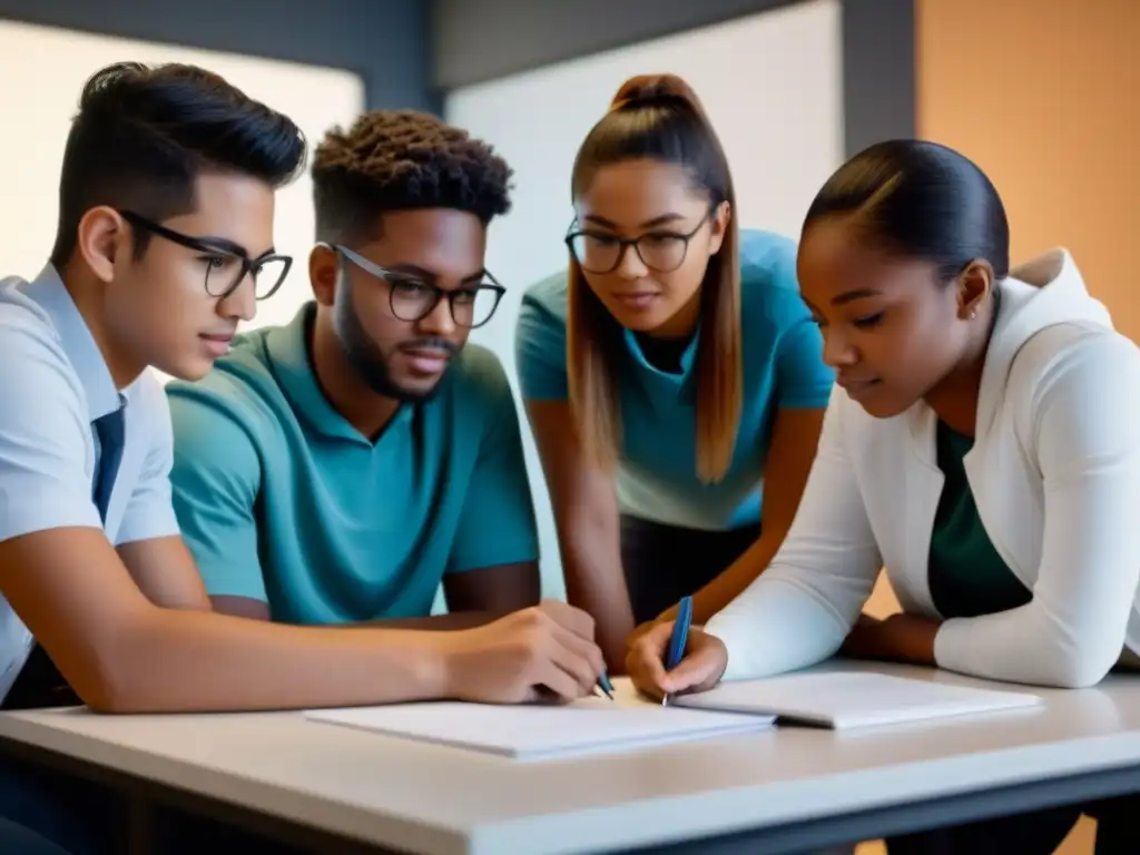 Grupo diverso de estudiantes colaborando en proyecto digital, mostrando tecnología y trabajo en equipo en ambiente educativo