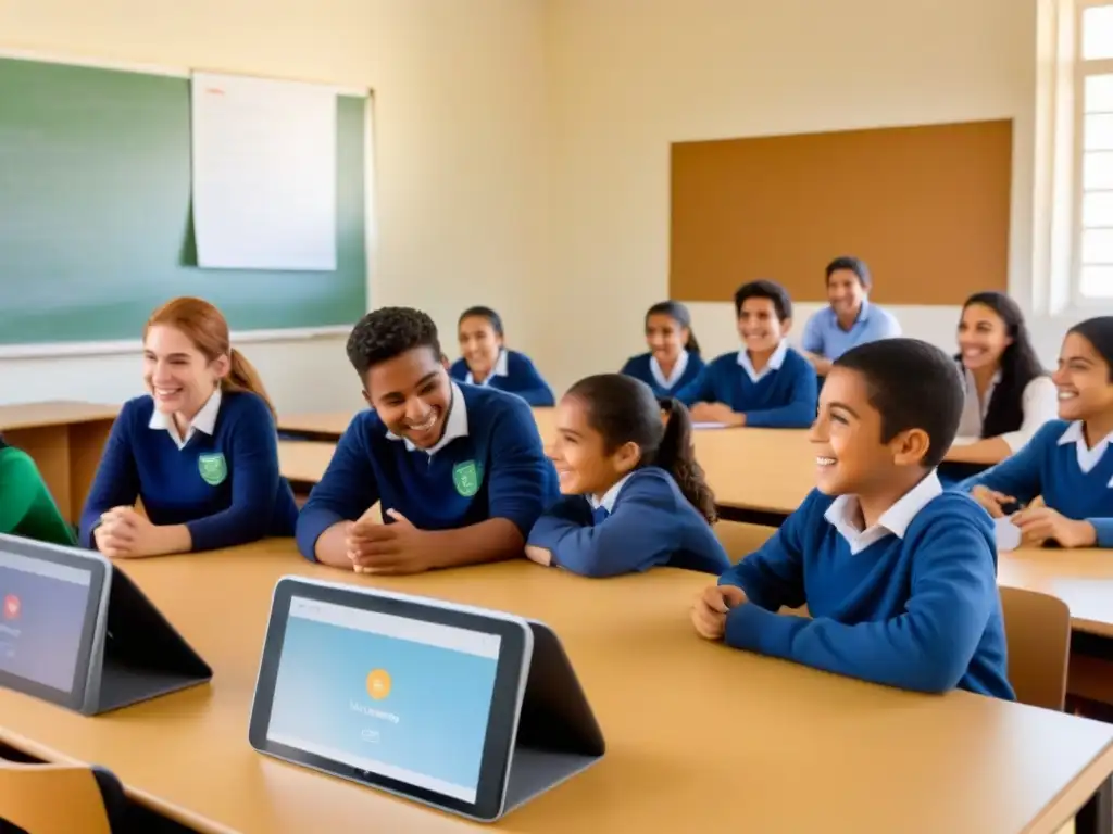 Un grupo diverso de estudiantes colabora en un proyecto de aprendizaje en Uruguay