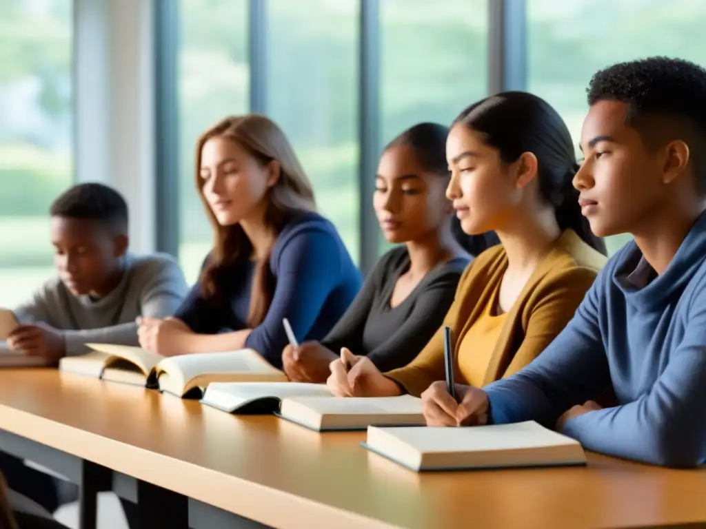 Un grupo diverso de estudiantes colabora en un proyecto de idiomas en un aula moderna, transmitiendo aprendizaje basado en proyectos en Uruguay