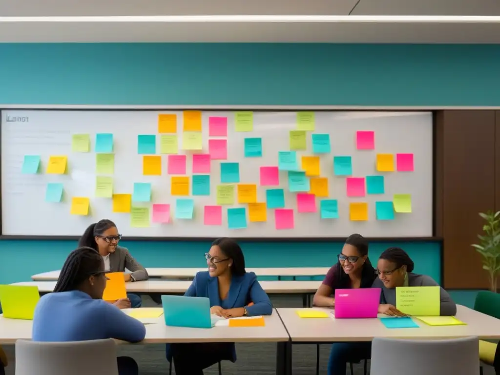 Grupo diverso de estudiantes colaborando en proyecto en biblioteca moderna con recursos de aprendizaje basado en proyectos Uruguay