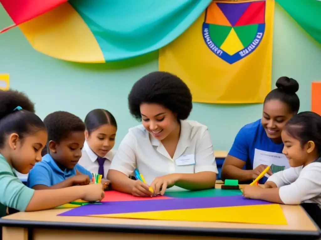 Grupo diverso de estudiantes participando en proyecto educativo en aula de Uruguay