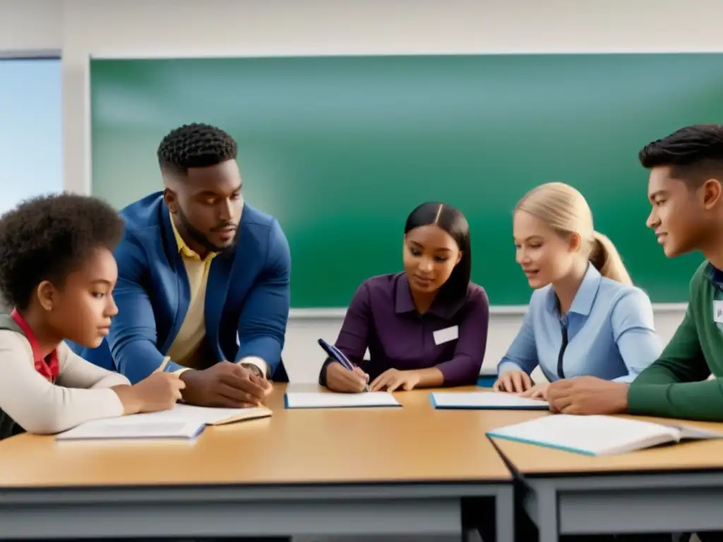 Grupo diverso de estudiantes colaborando en un proyecto en un aula moderna y luminosa