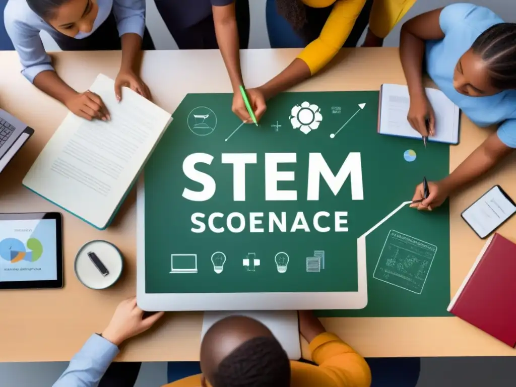 Grupo diverso de estudiantes colaborando en proyecto STEM, fusionando ciencias sociales