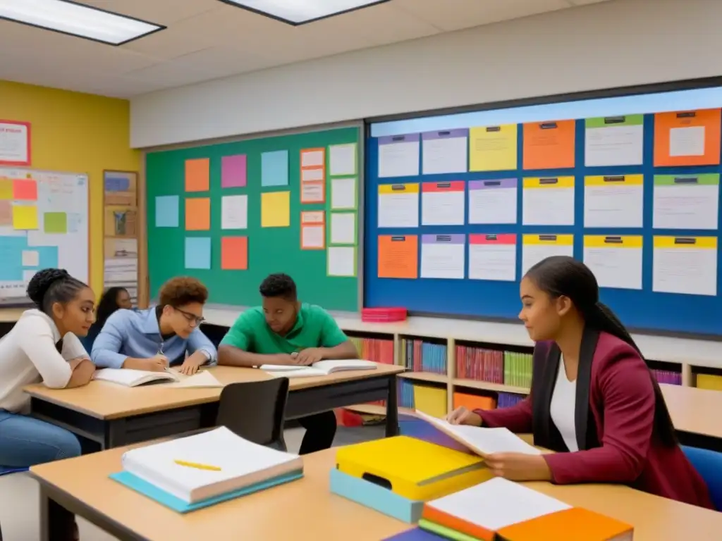 Grupo diverso de estudiantes colaborando en un proyecto educativo en una aula moderna y colorida