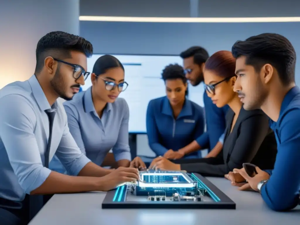 Un grupo diverso de estudiantes de ingeniería colabora en un proyecto futurista en un laboratorio universitario de vanguardia en Uruguay