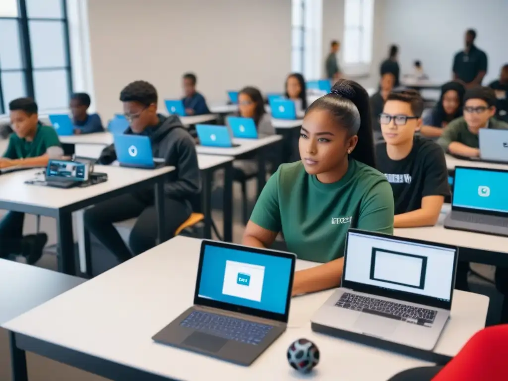 Grupo diverso de estudiantes colaborando en proyectos de programación y robótica en un aula moderna y equipada
