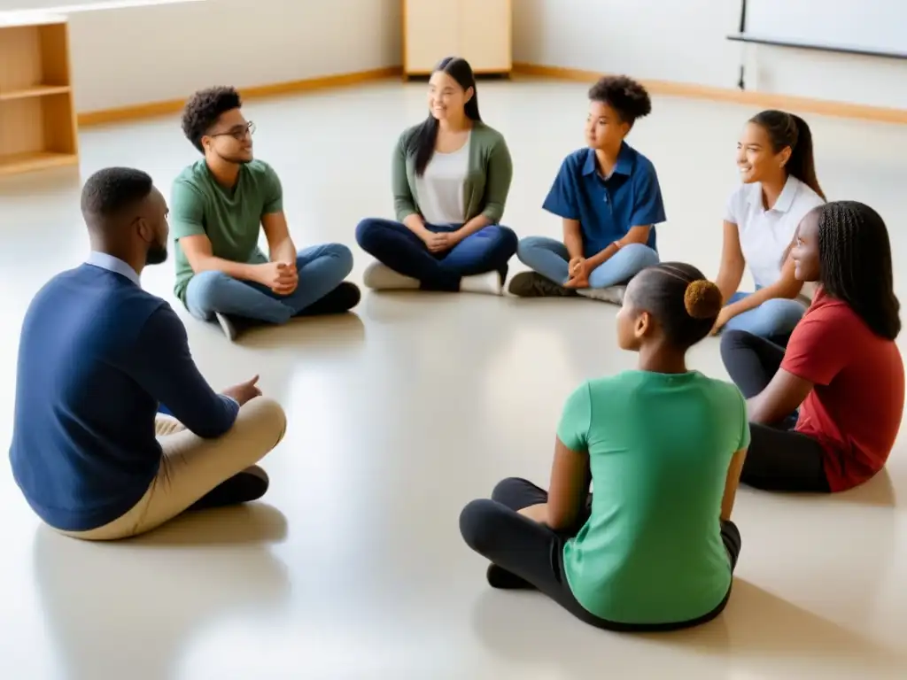 Grupo diverso de estudiantes colaborando en proyectos inclusivos educación Uruguay en un aula luminosa y acogedora