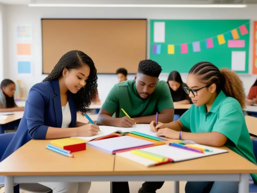 Grupo diverso de estudiantes colaborando en proyectos artísticos interdisciplinarios en educación en aula moderna y luminosa