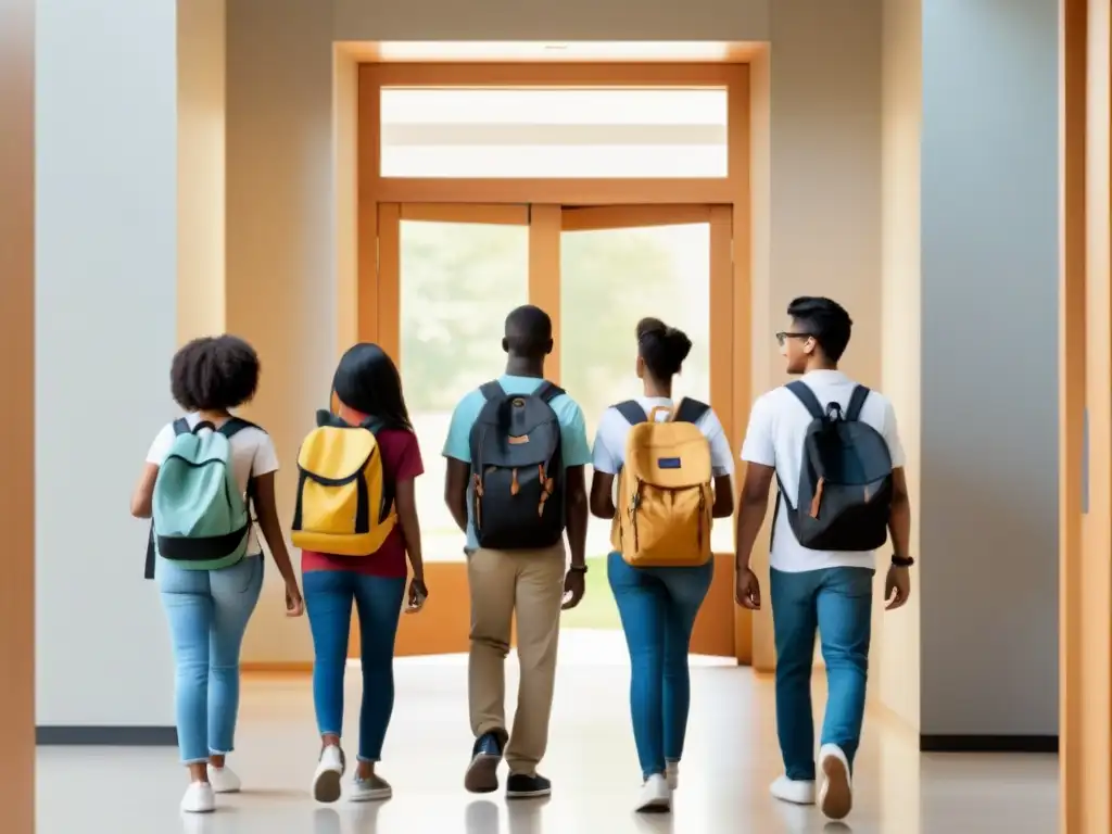 Un grupo diverso de estudiantes camina hacia una puerta brillante, simbolizando oportunidad y movilidad académica