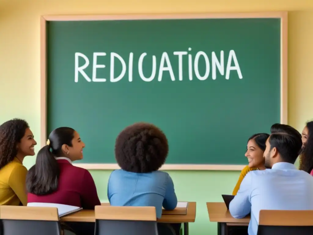 Grupo diverso de estudiantes discutiendo Reforma Vareliana en aula moderna y luminosa