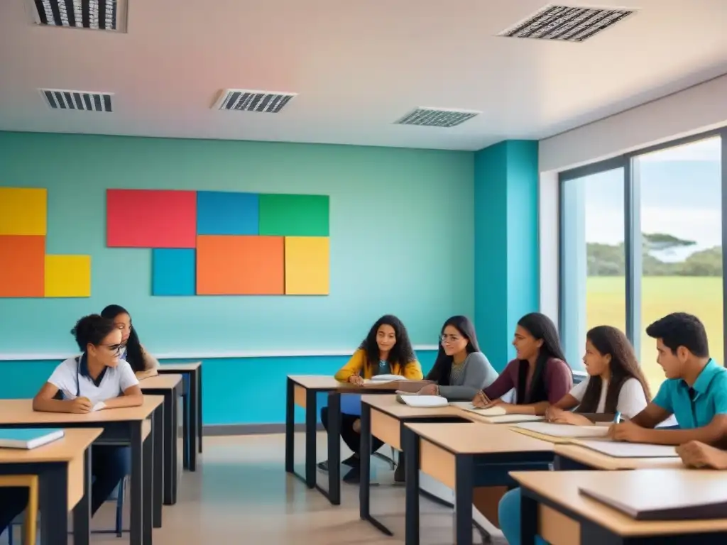 Grupo diverso de estudiantes colaborando en reformas educativas para mejorar la calidad del aprendizaje en Uruguay